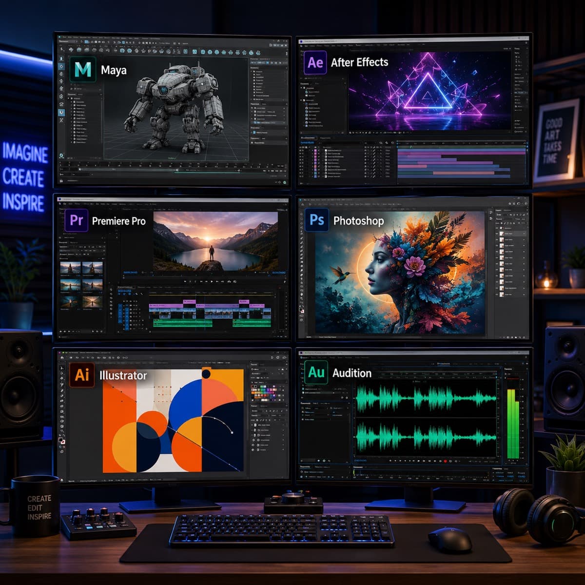 A multi-monitor workstation running Maya, After Effects, Premiere Pro, Photoshop, Illustrator and Audition